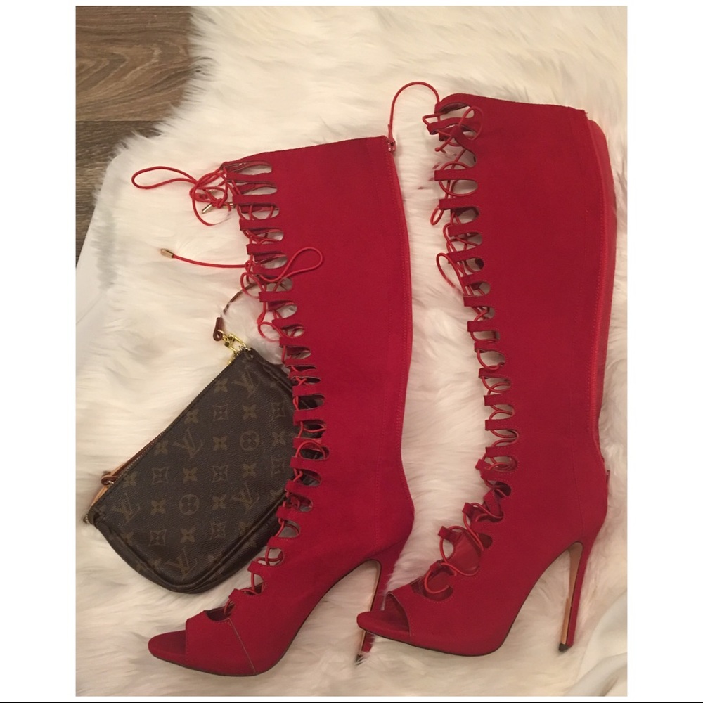 NWOT lace up, peep toe, stiletto, knee high boots